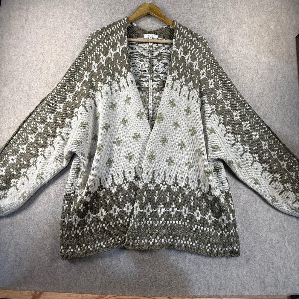 Easel Los Angeles Olive Green Cream Fair Isle Oversized Open Front Cardigan S